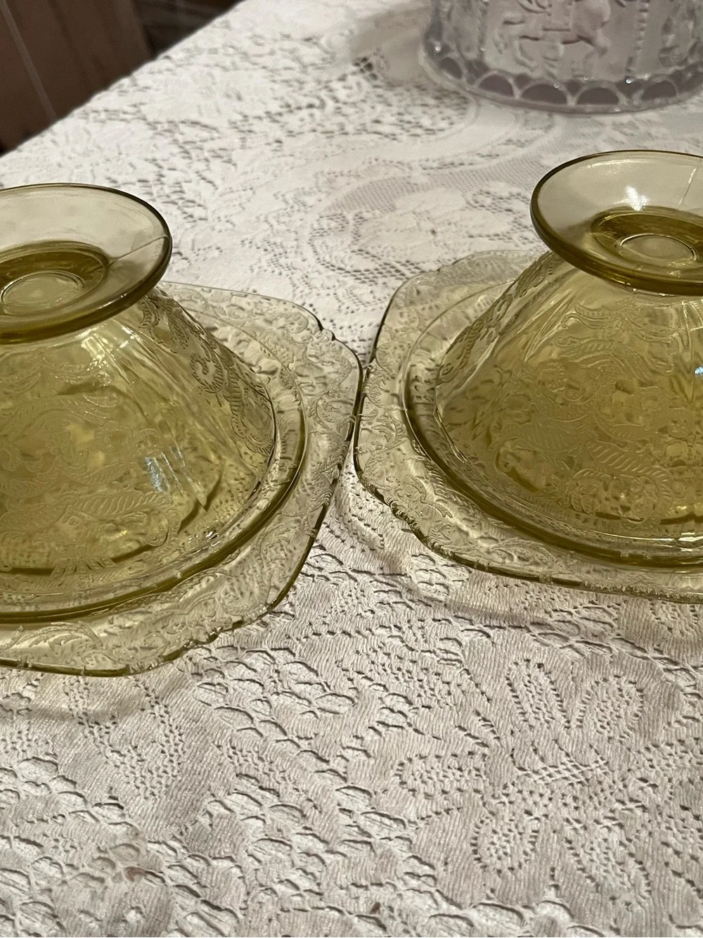 Pair Vintage Amber Madrid Depression Glass Fairy Lamps Sherbets & Plates